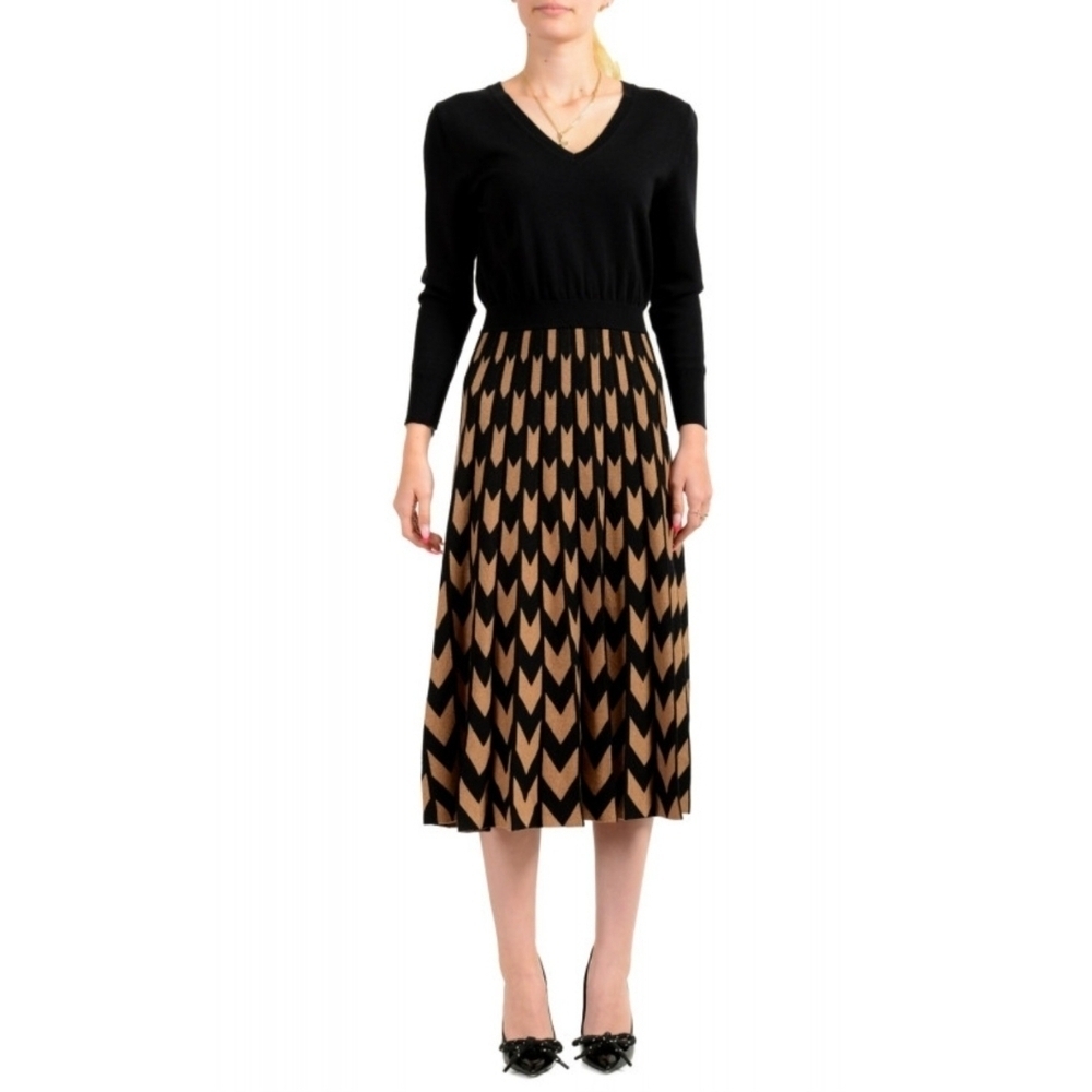 Hugo Boss Fetra Knit Fit & Flare Dress Wool Cotton Chevron Midi Black Tan Size M